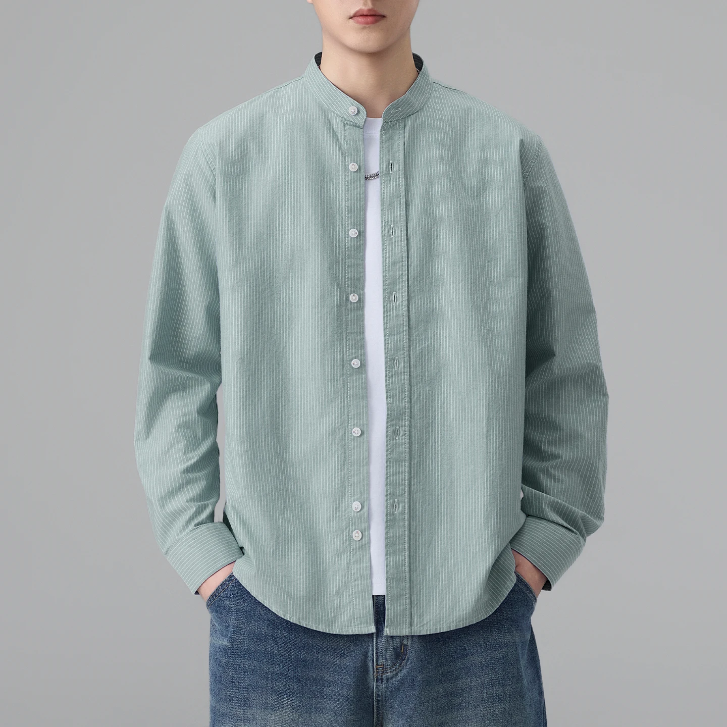 Men Stand Collar Fashion Loose Casual Long Sleeve Oxford Cloth Stripes Shirts Male Commute Shirt Coat