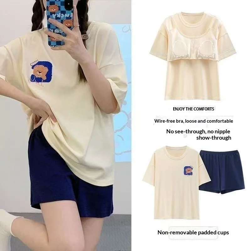 Summer Women's Short Sleeved Pajamas with Chest Cushion Home Suit Set, Heart-shaped Round Neck Shorts Pajamas Home Suit Set