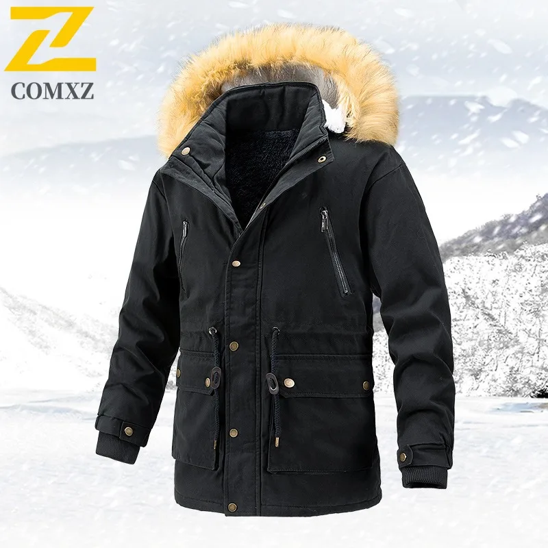 COMXZ Men's Thickened Fleece Lined Cotton Jacket Plus Size Winter Casual Outdoor Mid-Length Warm Coat Warm tactics windbreaker