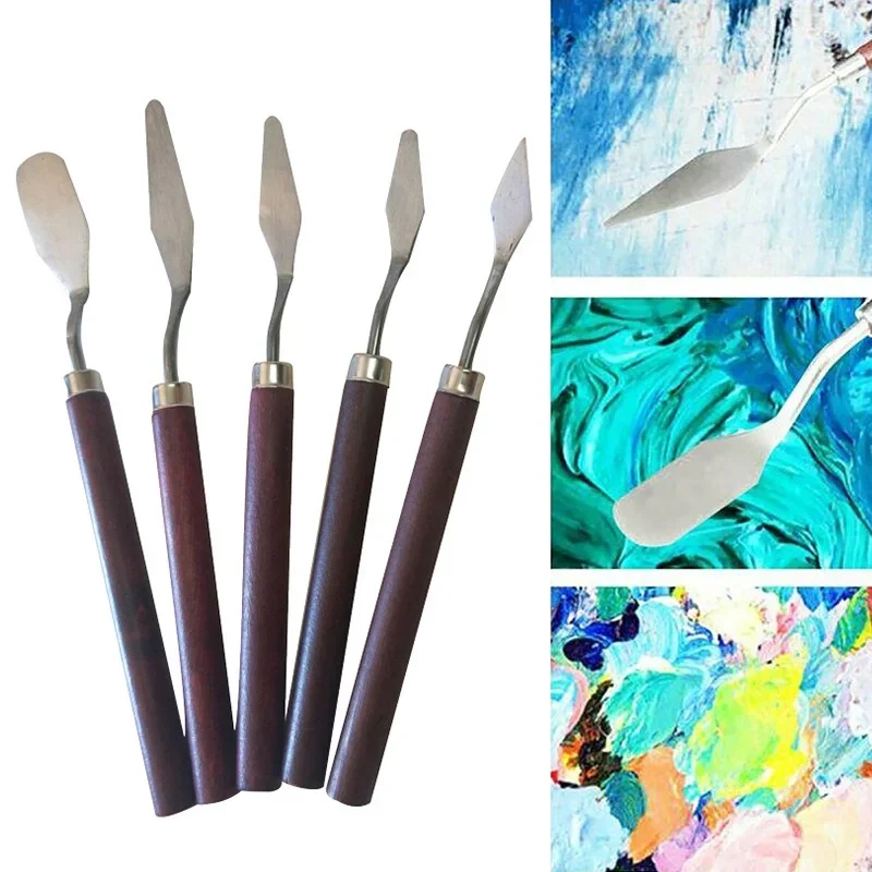 Stainless Steel Art Oil Painting Knife Color Mixing Knife Painting Supplies Wooden Flat Head Pointed Paint Scraper Blade