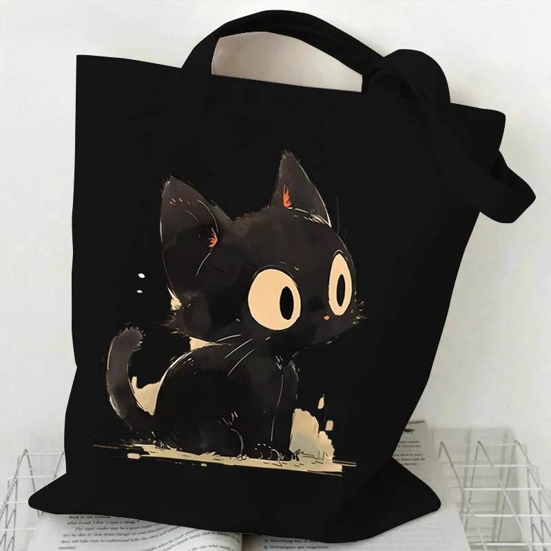 

Black Tote Bag Versatile Cat Canvas Shoulder Bag for Women Men Casual Reusable Shopping Handbag Street Fashion Vintage