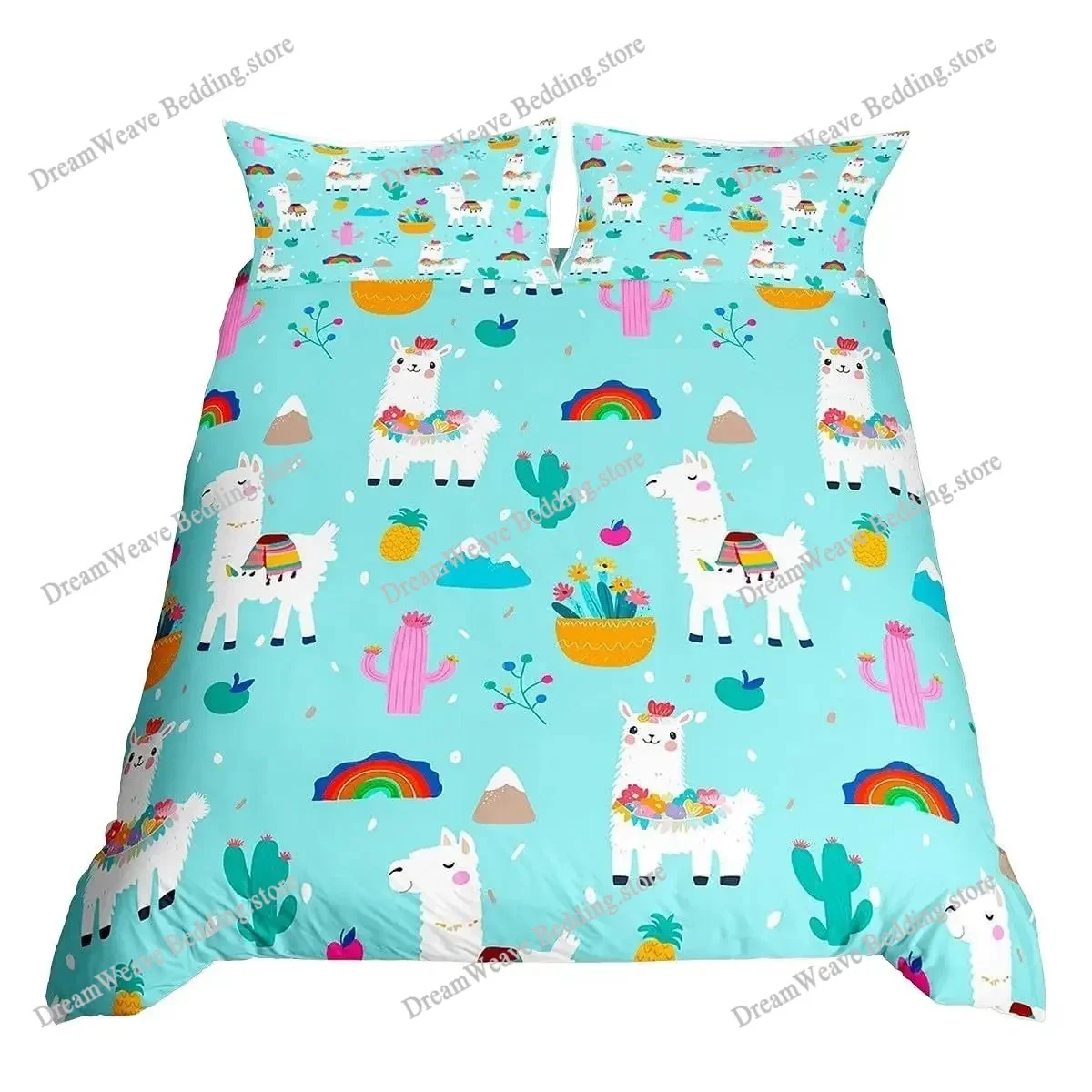 Cute Cartoon Alpaca Duvet Cover Set Llama Cactus Print Bedding Set Botanical Animal Comforter Covers Decorative for Kids Teens