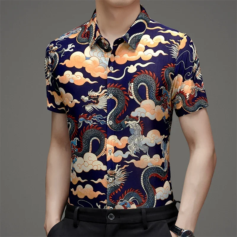 Summer Ice Silk Short Sleeve Printed Shirt with Dragon Pattern, Chinese Style Trendy, Loose and Versatile for Men