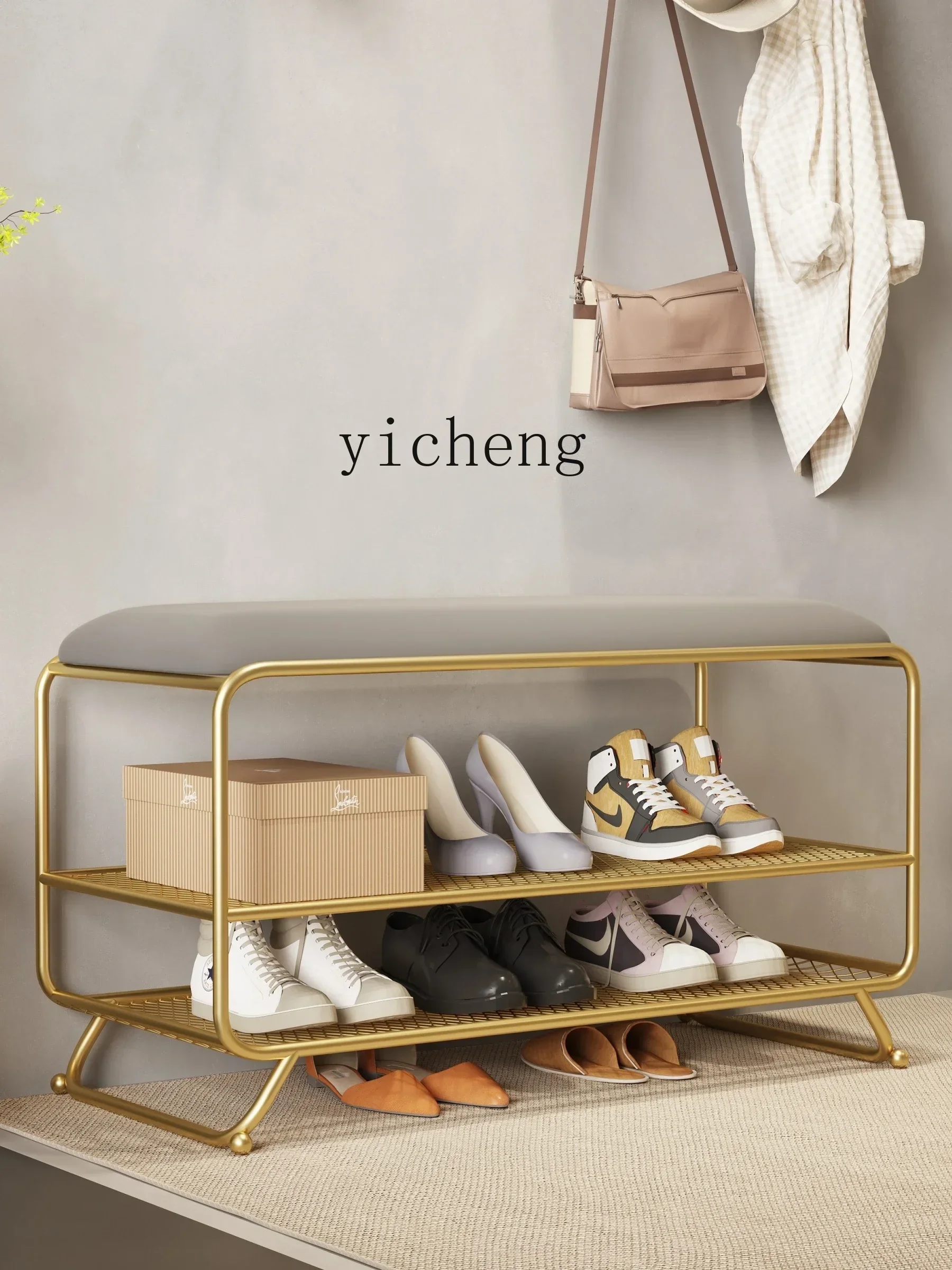 TQH light luxury environmental protection wrought iron shoe stool integrated soft bag can sit slipper rack shoe stool