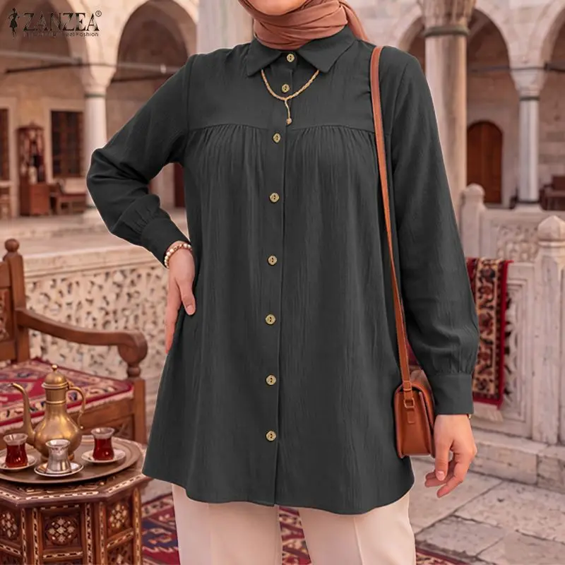 ZANZEA Autumn Lapel Neck Long Sleeve Tops Fashion Women Shirt Casual Solid Color Buttons Up Baggy Work Wear Muslim Blouse Mujer
