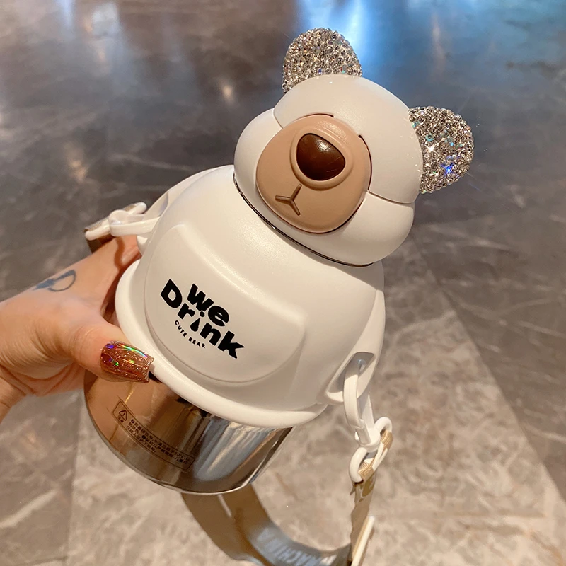 Cartoon Bear Thermos Cup with Straw Rhinestones Stainless Steel Cute Potbelly Hot Water Mug Drinking Vacuum Flasks 620ML