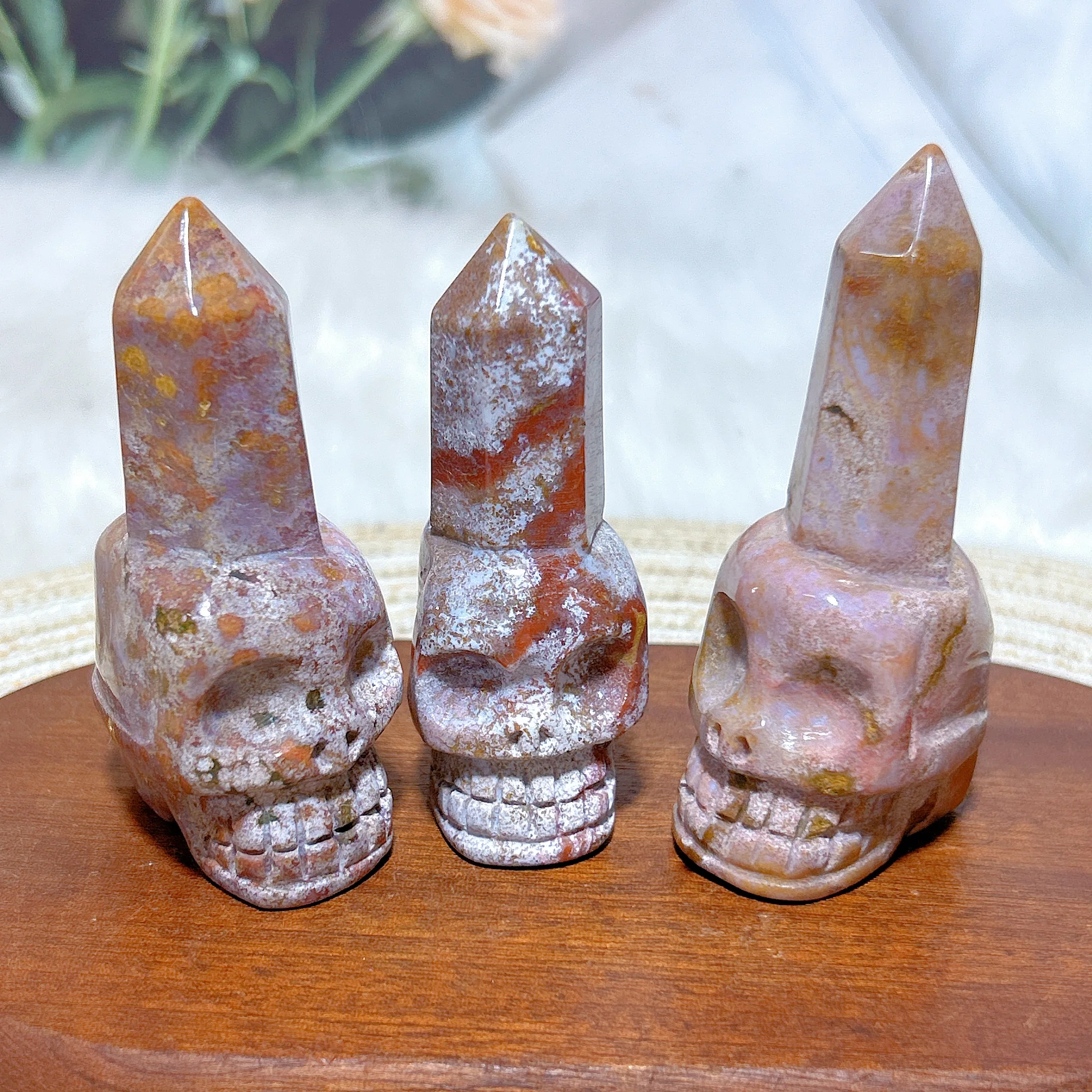 Healing Natural Crystal Ocean Jasper Lipstick Skull Colorful Carving Mineral Reiki Home Decorations Gemstones Room Decor Gift