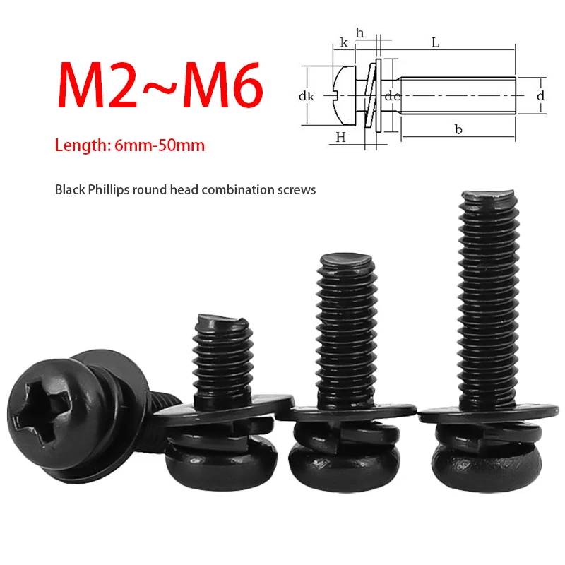 10/50PCS Black Zinc Plated Cross Round Head Screws with Flat Washers Spring Washers Pan Head Screws Triple Combination M2~M6