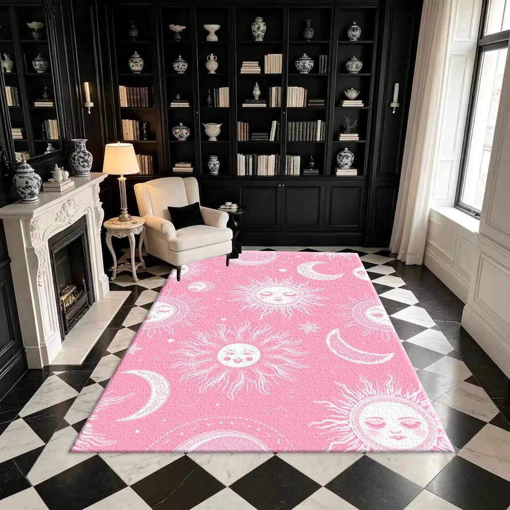 Pink Celestial Sun Moon Stars Carpet Mysterious Boho Astrology Seamless Pattern Printed Square Rug Suitable for Home Decoration