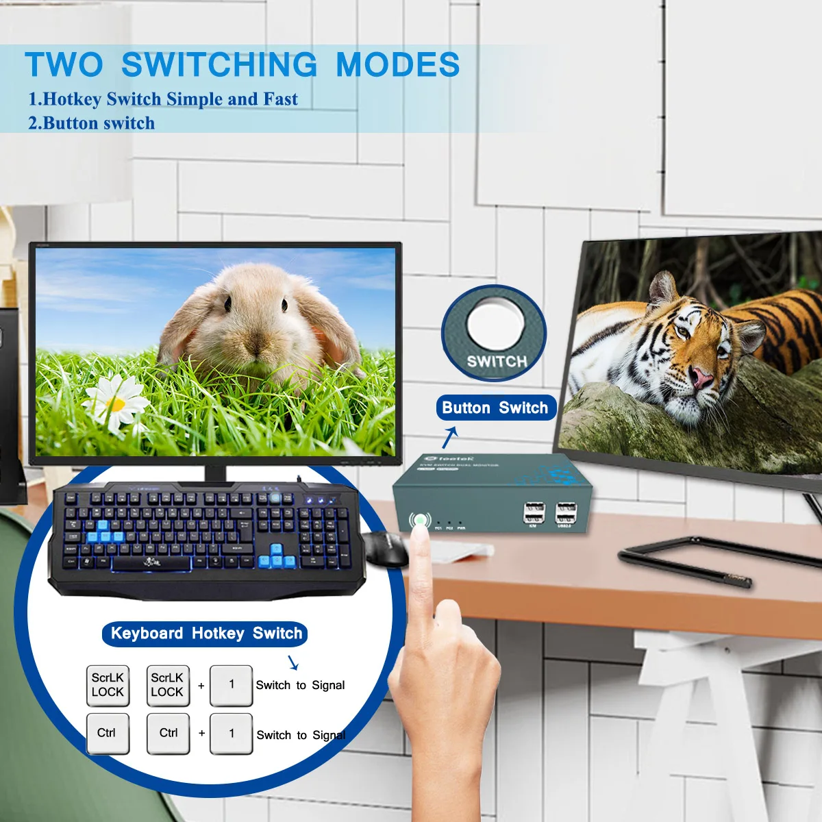 

PWAY KVM Switch HDMI 2 In 2 Out Resolution Up To 4K@60Hz Hotkey Switch USB2.0 Keyboard And Mouse Printer Switch Dual out