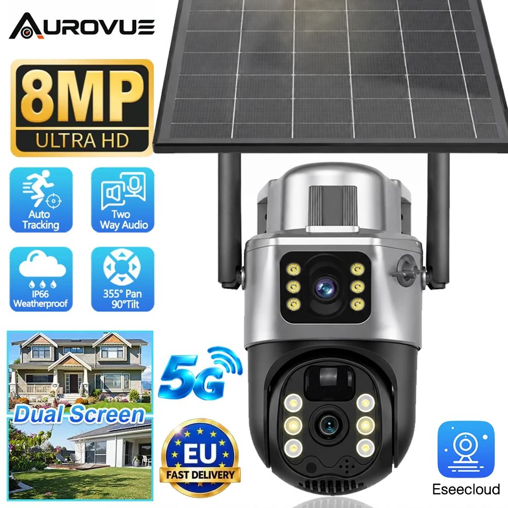8MP Dual-Lens Solar-WLAN-Sicherheitskamera für den Außenbereich, PTZ-CCTV, 2,4 GHz und 5 GHz Dualband-WLAN, PIR-Bewegungserkennung, Zwei-Wege-Audio, IP66 wasserdicht, Fernzugriff für Haus, Hof,