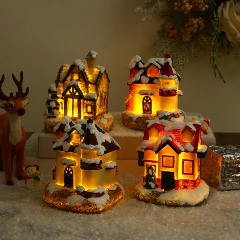 Christmas Decorations Scene Village Houses Town with Warm White LED Light Christmas Ornamnet Mini Resin Figurine Table Decor Lot