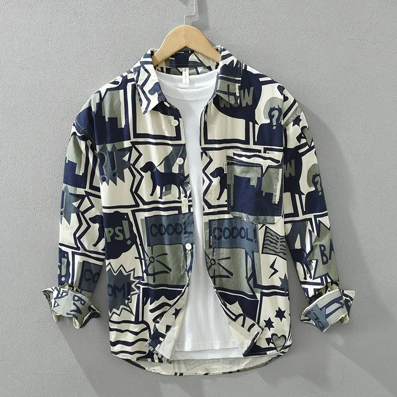 

Весенне-летние новые мужские рубашки с длинным рукавом, японская уличная одежда, модная рубашка с литературным принтом, свободные рубашки из чистого хлопка, мужские