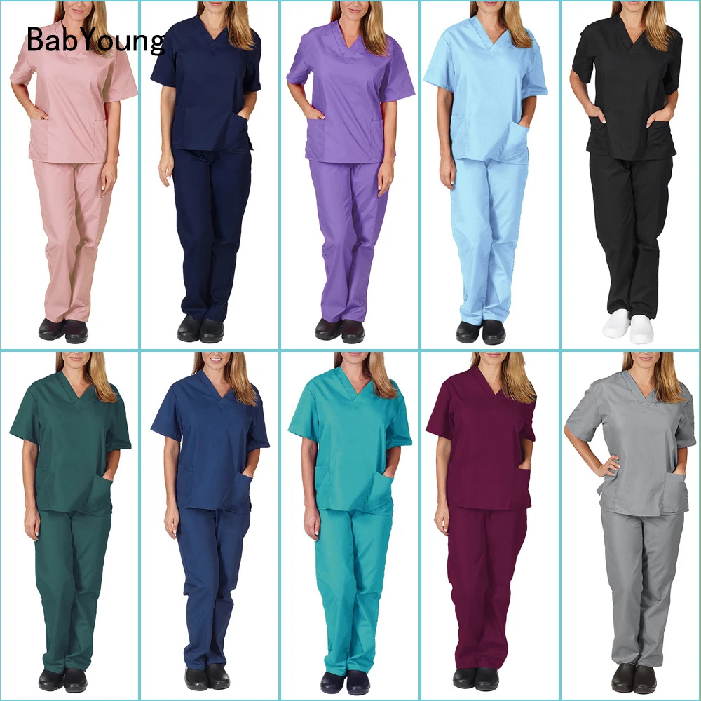 

Women Breathable in Summer Nursing Scrubs Tops Shirt Casual Short Sleeve Women Scrubs Uniforms Nurse V-neck Pocket Women Clothes