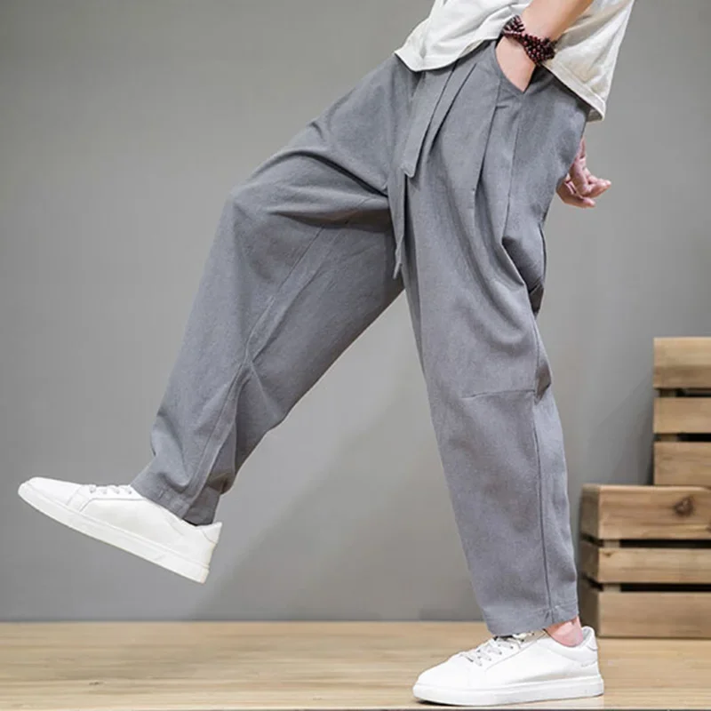 

Spring Cotton Linen Pants Men Elastic Waist Casual Harem Pant Loose Sweatpants Traditional Chinese Trousers Pantalons Homme