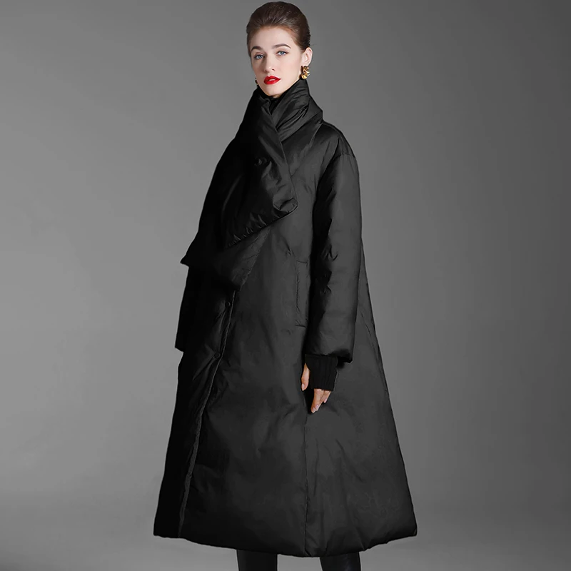 Parka en duvet de canard pour femmes, kaki/noir blanc, manteau d'hiver haut de gamme, écharpe ample pour filles, vêtements d'extérieur épais, nouvelle collection