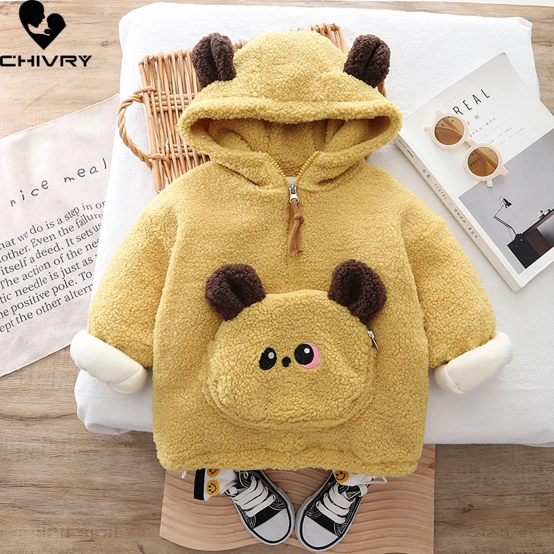 

New 2023 Kids Winter Fashion Thicken Warm Fleece Coat Baby Boys Girls Cute Cartoon Bear Hooded Zipper Jacket Casual Outerwear