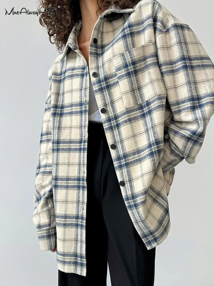 Mnealways18 Street Style Oversize Plaid Shirts Womens Turn Down Collar Checkered Blouses And Tops Spring 2025 Long Sleeves Loose