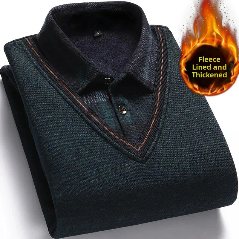 Thiened Fce Long Sve Knitted Sweater Fake Two-Piece Men's irt Collar Base irt Warm Top for Middle-Aged And ly