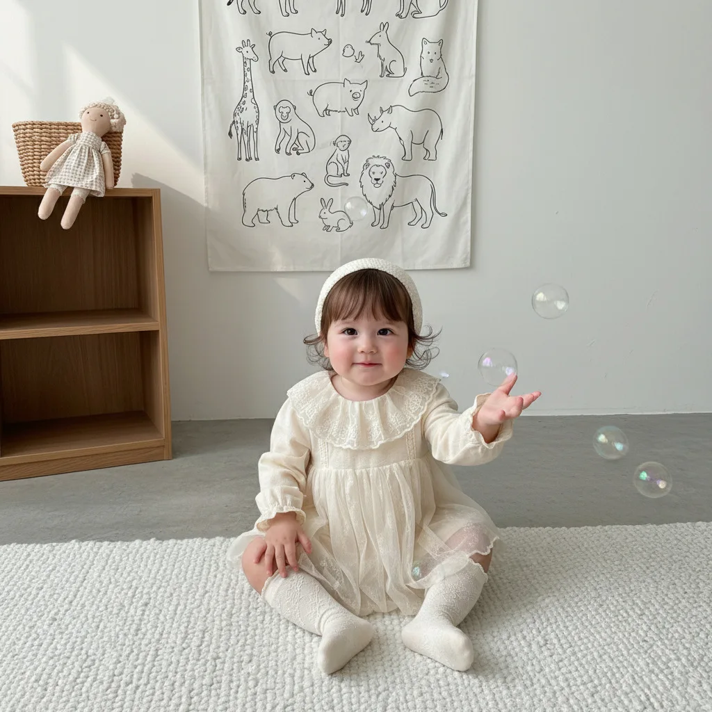 Girls' dress, lace mesh princess jumpsuit, spring 2026 new style, stylish small floral doll collar Romper