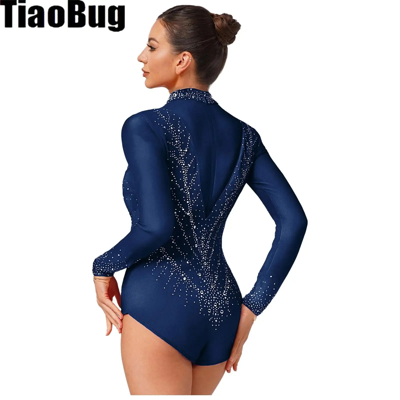 Women Figure Skating Leotards Jumpsuit Long Sleeve Rhinestone Gymnastics Artistic Ballet Jersey Bodysuit Competition Dancewear