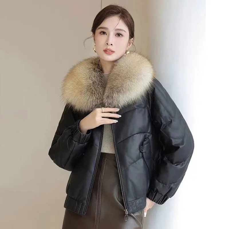 Leather Down Jacket Women's Outwear Loose Golden Island Fox Fur Collar Thick Warm Parka Sheepskin New Winter Short Leather Coat