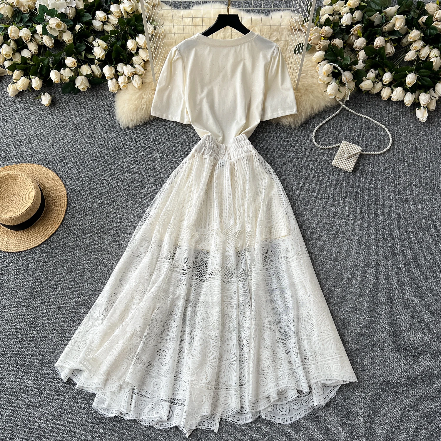 Summer Layering Two-Piece Skirt For Women Medium Length Short Sleeved T-shirt Dress+High Waist Cinched Lace Skirt