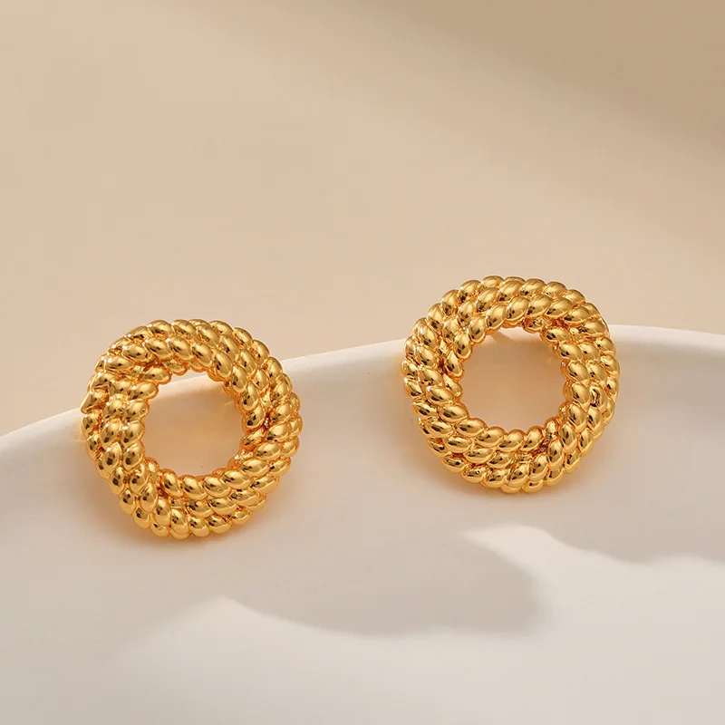 

French Circle Copper Plated 18K Gold Multi Layer Beads Chain Vintage Ear Studs 925 Silver Needle Hypoallergenicity Earrings