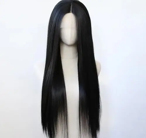 Yaki Straight Black Synthetic Lace Front Wig Long Kinky Straight Jet Black Synthetic Wig Pre Plucked Heat Resistant Hair Wig