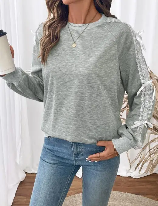 

2025 New Casual Sweet Style Top with Bow Lace Patchwork Long Sleeved Gray Autumn Hoodie