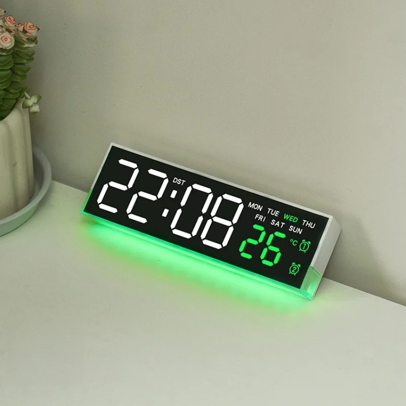 USB-betriebener digitaler Wecker mit Stimmungslicht, TEMP, Datum, Woche, 2 Alarme, automatisch dimmbar, Schlummer-Tischuhr, 12/24 Stunden, DST-LED-Uhr – Detail 15
