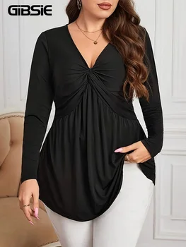 GIBSIE-Blusa negra con cuello en V para mujer, blusa informal de manga larga, ajustada y elegante, talla grande, novedad de primavera y otoño, 2024