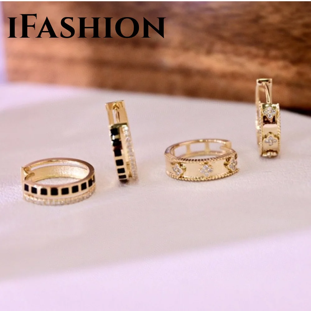 

IFASHION Chessboard Diamond Earrings 18K Gold Import Solid Yellow Real Gold Jewelry(AU750)For Women Ear buckle Geometric Fashion