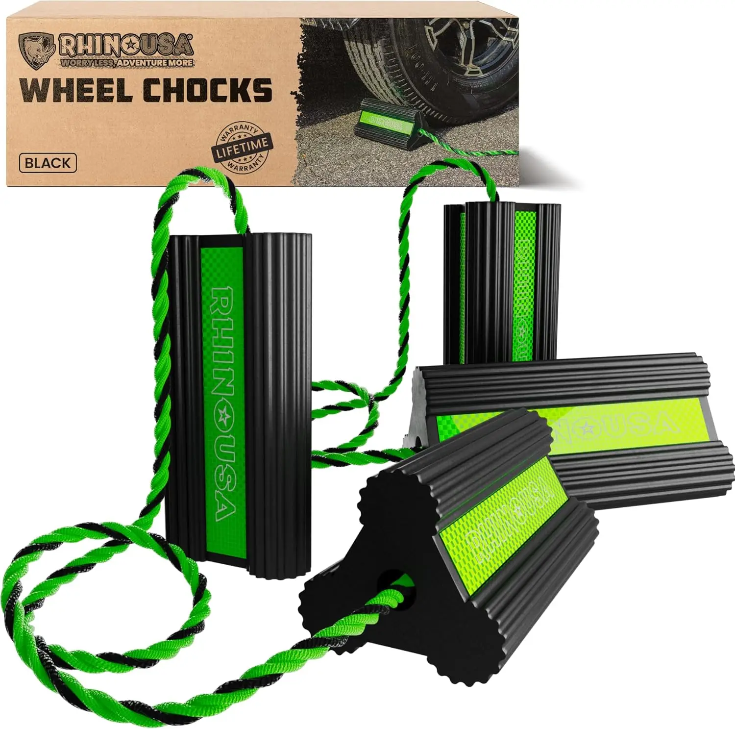 

Heavy Duty Rubber Wheel Chocks for Trucks, Trailers, RVs, Tires - Non-Slip Tri-Point Design with Reflective Strip, 2-Pack for