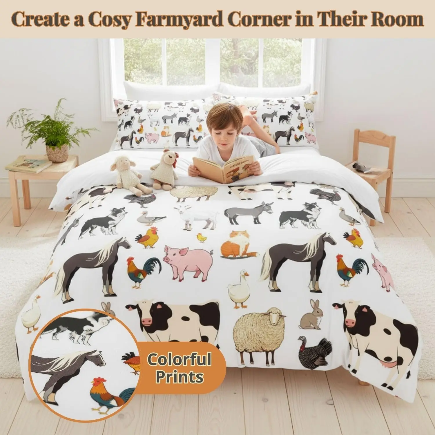 Farm Animal Junior Duvet Cover Set With 1 Pillowcase Cute Cow Horse Print Bedding Set For Kids Boys Girls Bedroom
