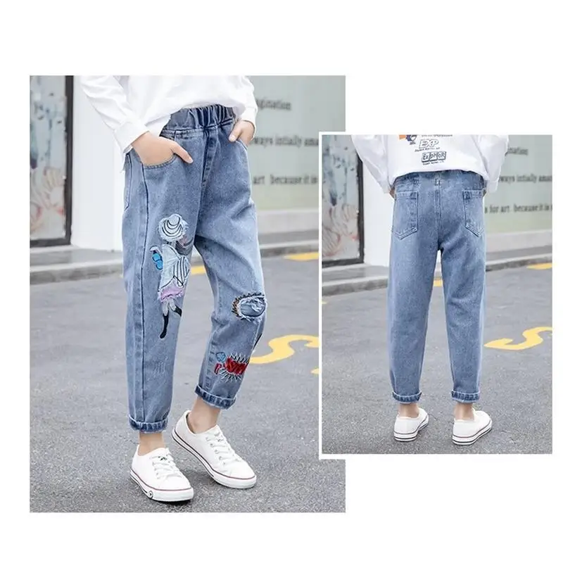 2024 Spring New Fashion Girls Cartoon figure Middle Waist Soild Color Cartoon Jeans Baby Trousers Cotton Denim Long Pants3-12Y