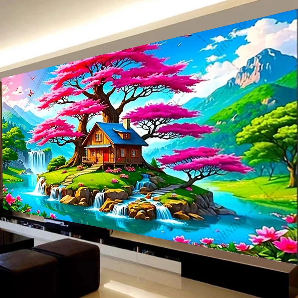 الوردي شجرة كبيرة منزل 5D كبير الماس اللوحة أشجار البحيرة Diy بها بنفسك اليدوية عبر غرزة الحفر الكامل فسيفساء التطريز ديكور المنزل