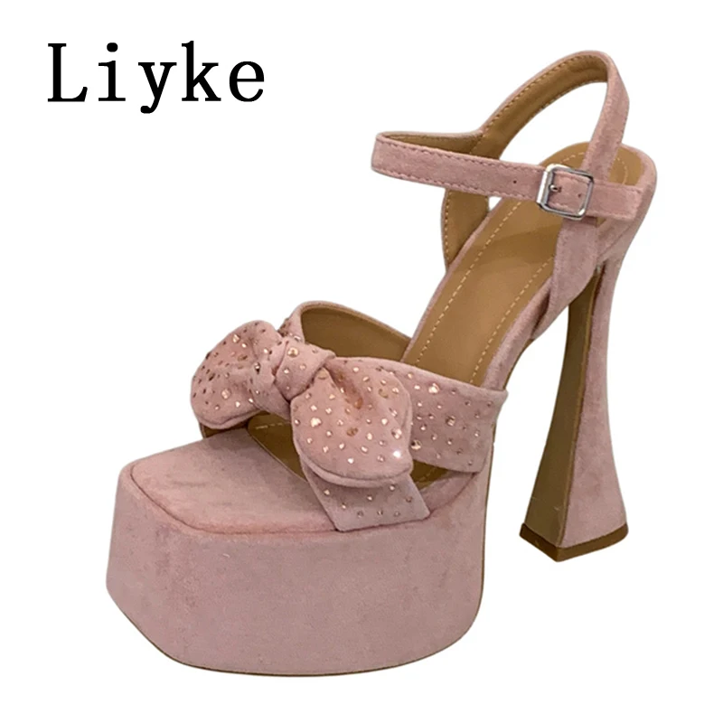 Liyke Sexy Super High Heels Platform Sandals For Women Fashion Rhinestone Butterfly Knot Square Open Toe Wedding Prom Shoes Pink