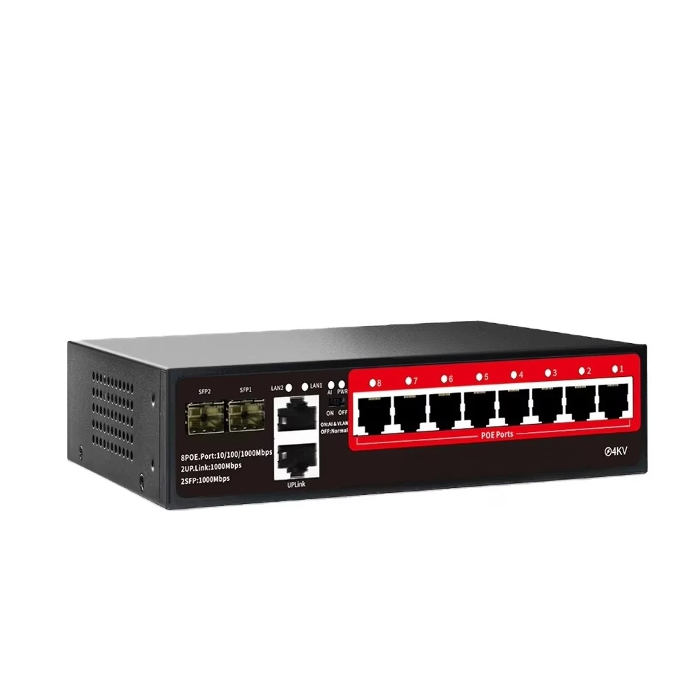 AI PoE Switch 8 Ports Gigabit 1000Mbps PoE +2 Gigabit Uplink Ports with 2 Sfp Port Support Short Circuit Protection