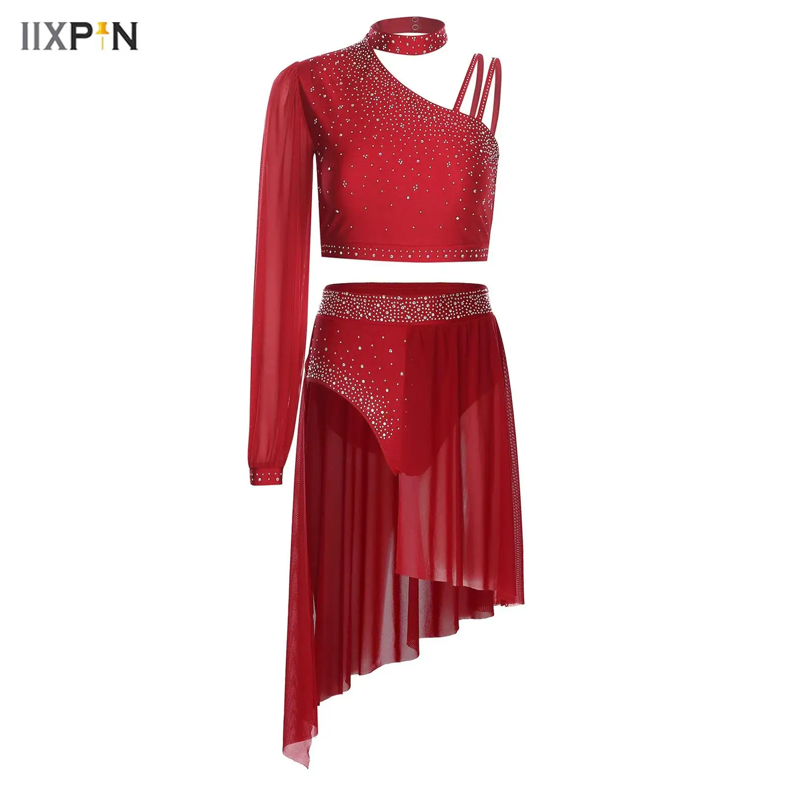 

Womens Lyrical Latin Dance Outfit 2Pcs Asymmetrical Sleeve Crop Top+High Waist Briefs Shorts Chiffon Skirt Modern Dance Costume