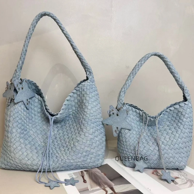 

Denim Woven Tote Bag for Women Trendy Ladies Large Shoulder Bag Demin Jeans Large Hobo Bag Top-handle Travel Totes Two Sizes