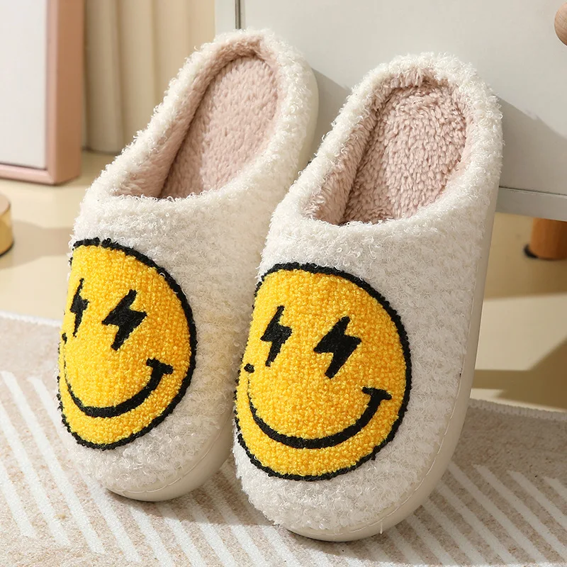 Women Slippers Cute Lightning Smile Face House Funny Ladies Casual Footwear Winter Indoor Shoes Fluffy Smiling Slides for Home