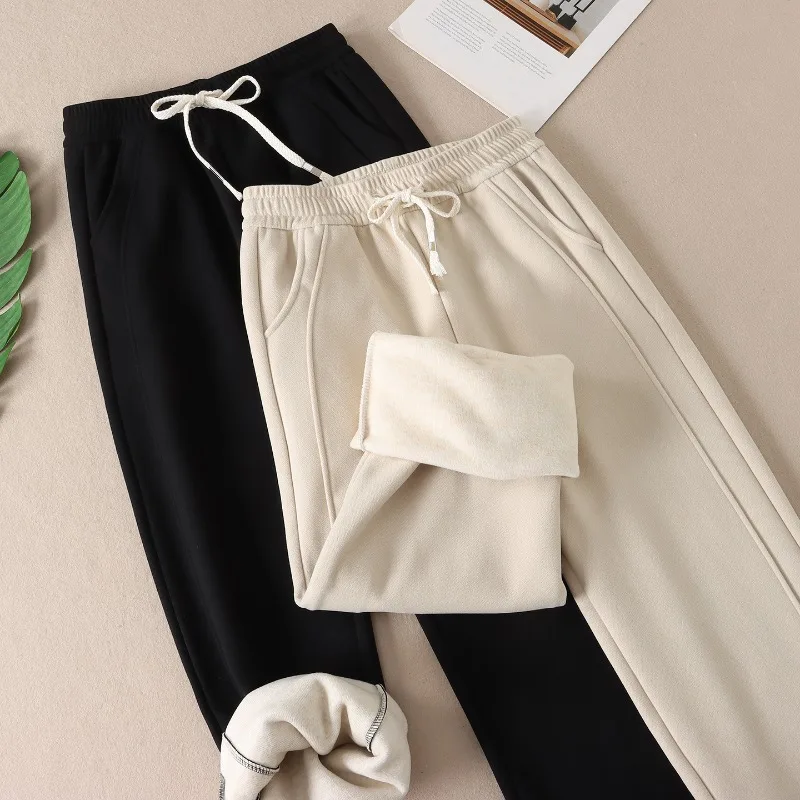 2026 Fleece Thicken Sweatpants Women's Straight Trousers Autumn Winter Soft Skin-friendly Elastic-waist Warm Sports Casual Pants