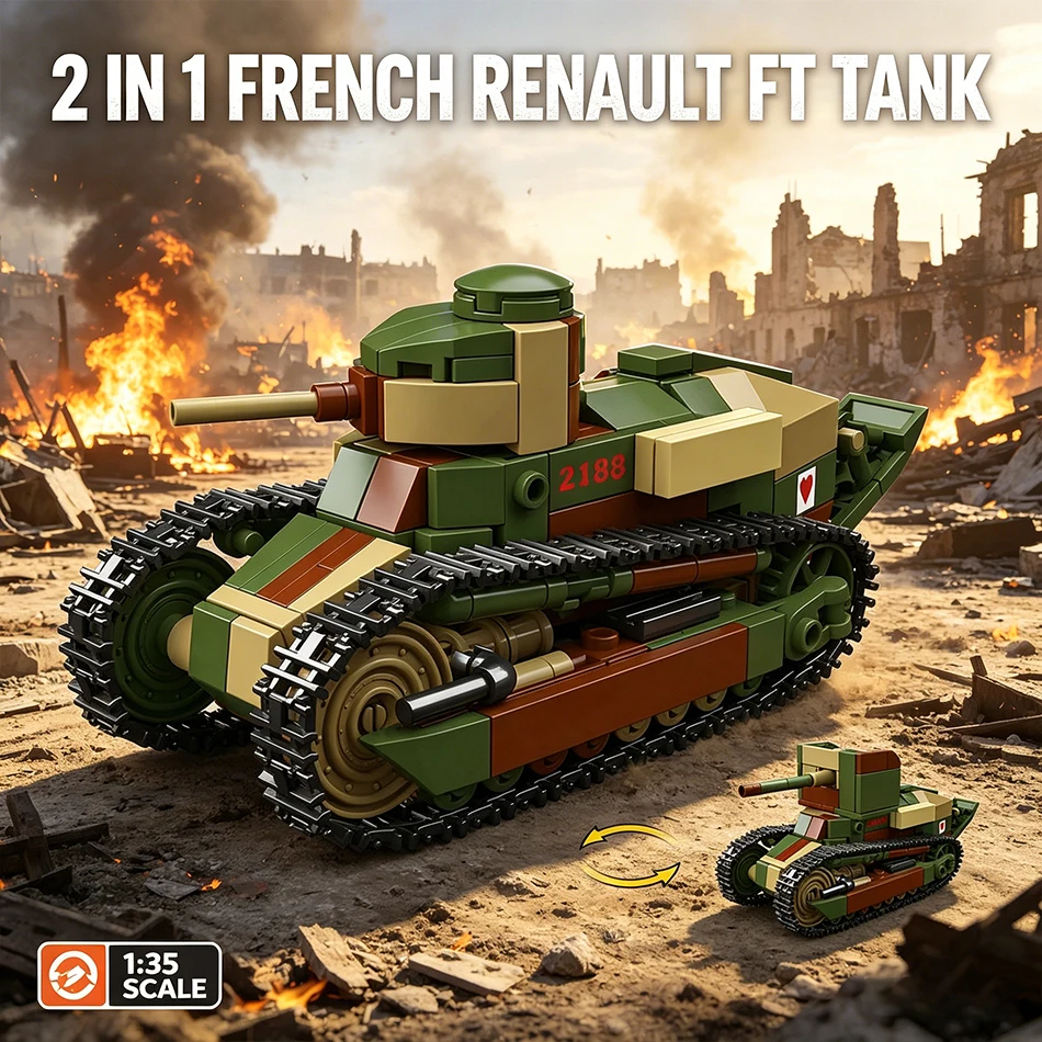 

2 IN 1 WW2 Military Renault FT French Light Tank Building Blocks World War 1 Army Machine Gun Anti-Tank Bricks Toy for Kids Gift