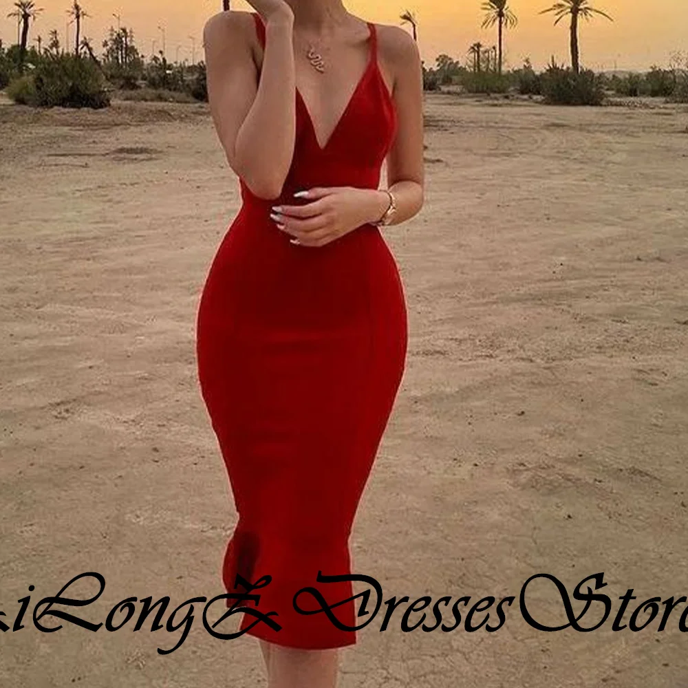 V-Neck Mermaid Spaghetti Straps Jersey Pleats Sleeveless Solid Color Elegant Party Dresses Woman Dresses For Formal Occasions