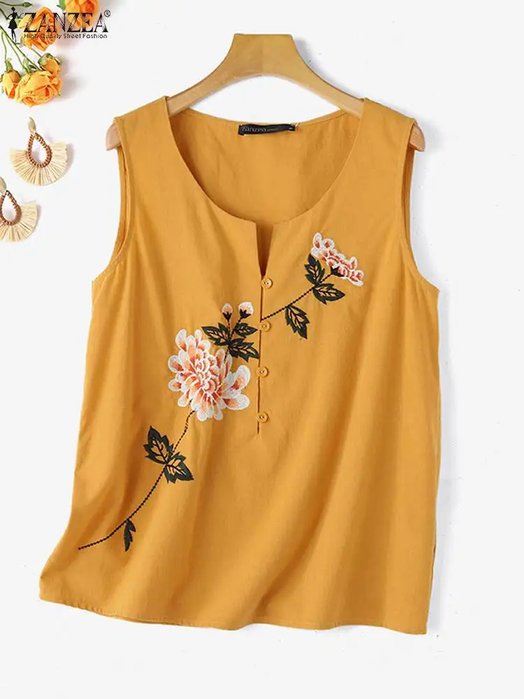 2024 ZANZEA Summer Women Tanks Tops Vintage Cotton Shirt Female Casual Loose Blusas Bohemian Sleeveless Embroidery Floral Blouse