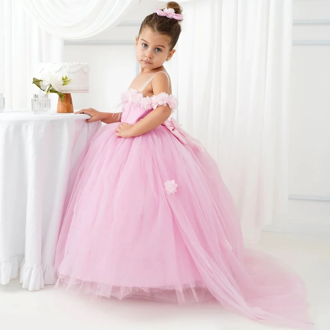 Vestido floral rosa personalizado para meninas, flores de tule com laço, sem mangas, para casamento, aniversário, comunhão, banquete, vestido de princesa