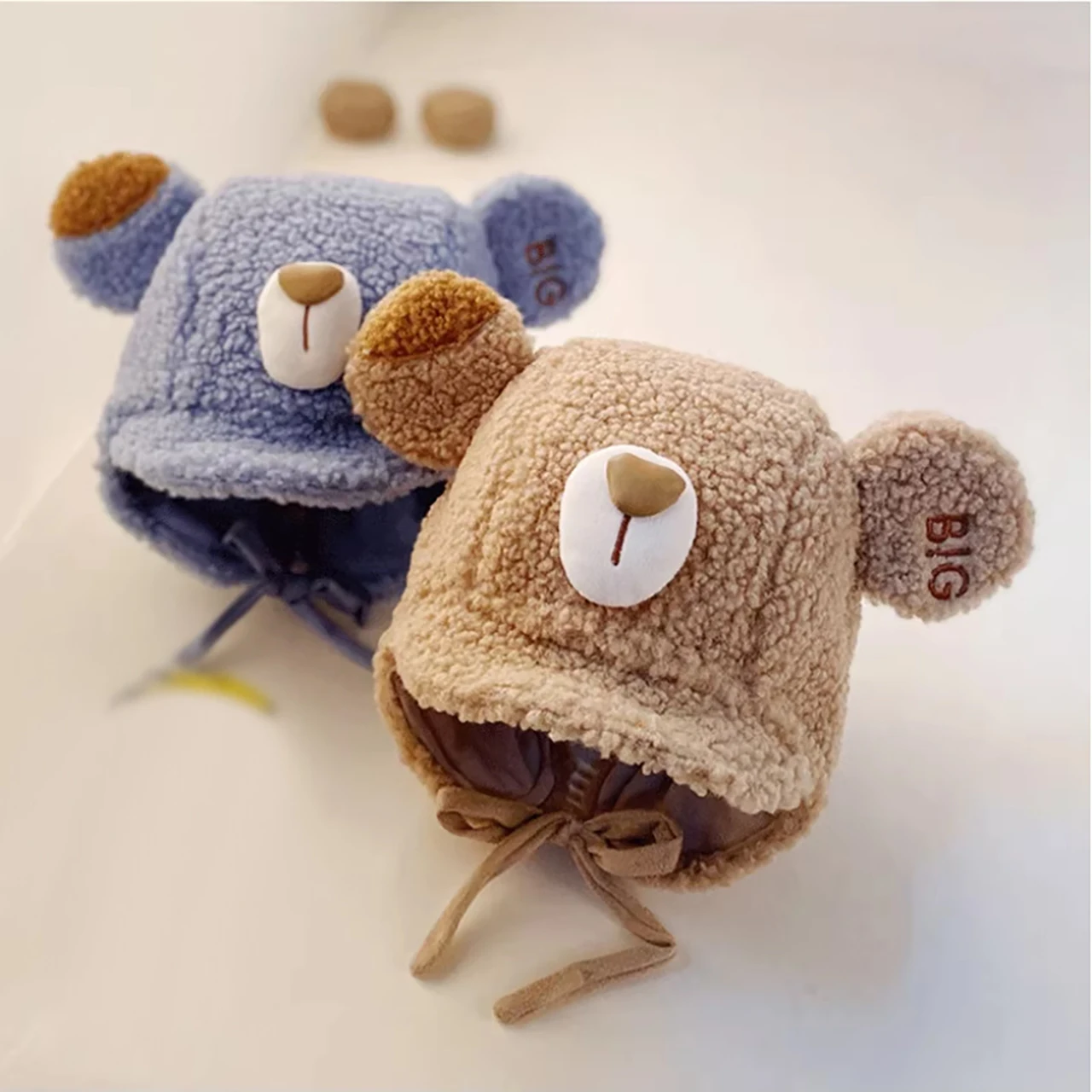

Cartoon Cute Bear Baby Hat Winter Warm Soft Thicken Lamb Fleece Ear Protection Solid Color Cap Toddler Kids Beanies Bonnet