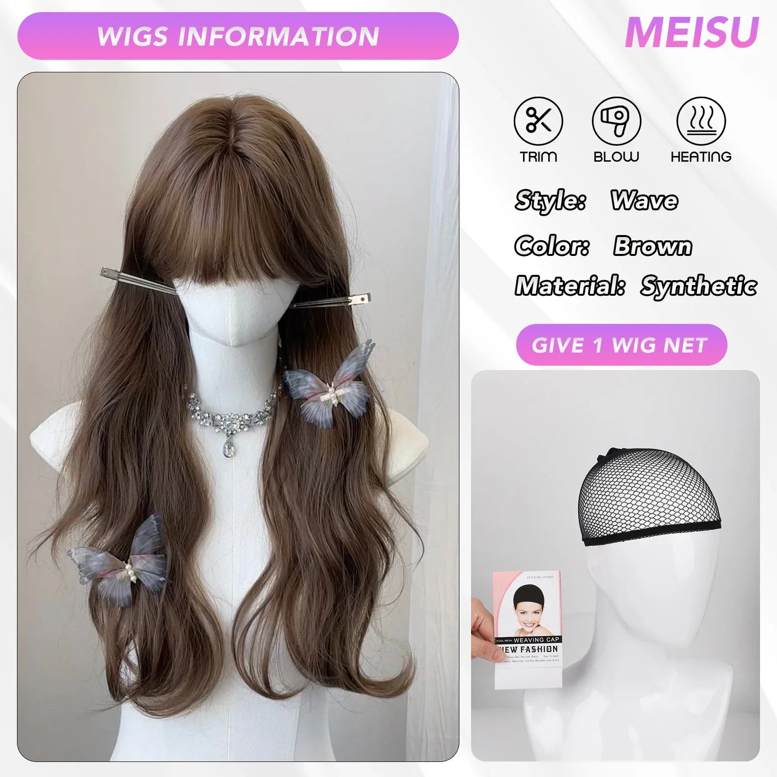 MEISU 26 Inch Curly Wave Bangs Wig Brown Synthetic Fiber Layered Hair Heat-Resistant Natural Smooth Extend Hair Selfie Party