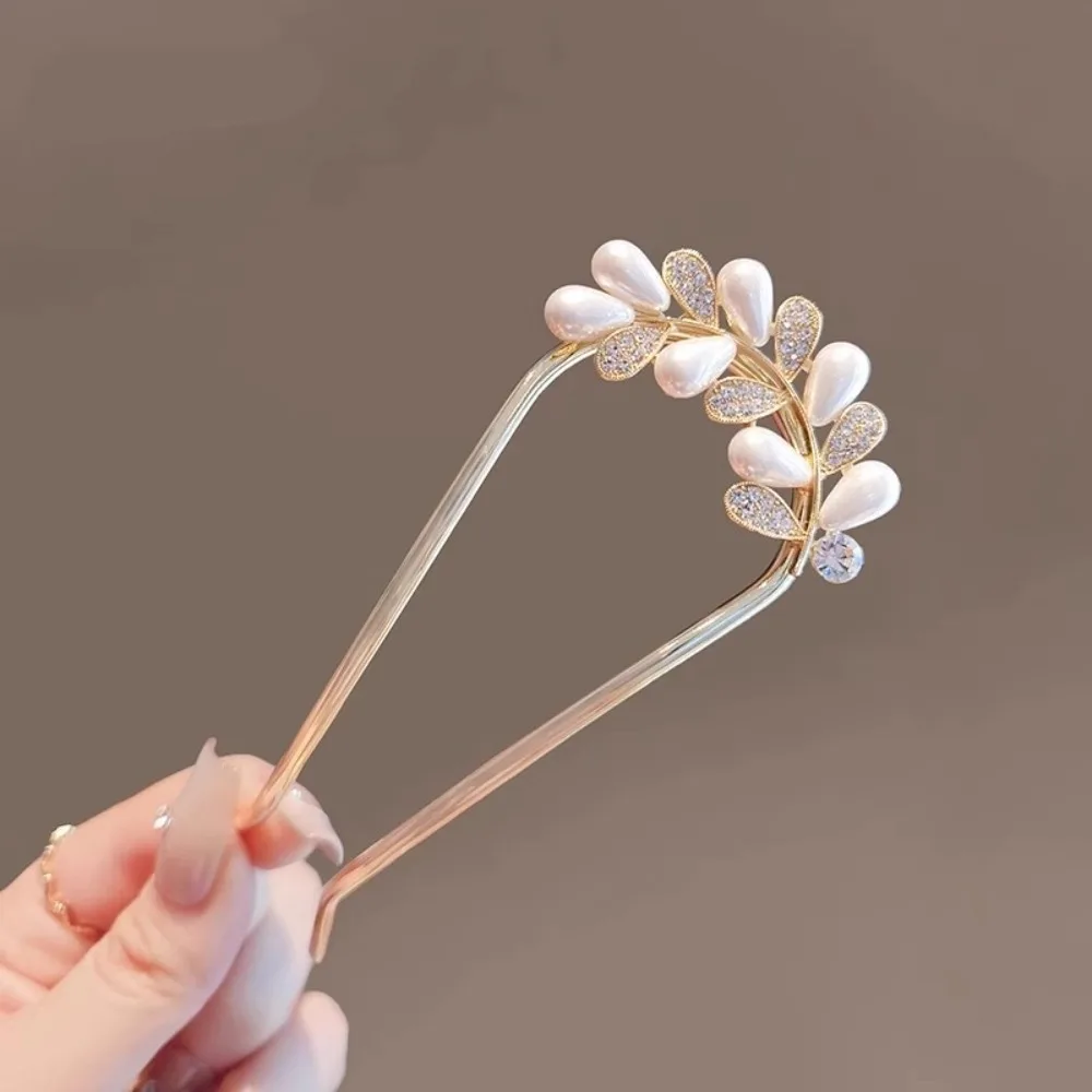1pc Fashion U-shaped Metal Shell Hair Clip Pins Women Luxury Pearl Rhinestone Hairpins Hair Sticks Hair Styling Accessories
